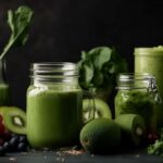 Greens for smoothies next to kiwi fruit