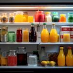 Bottles of smoothies and juices in a fridge