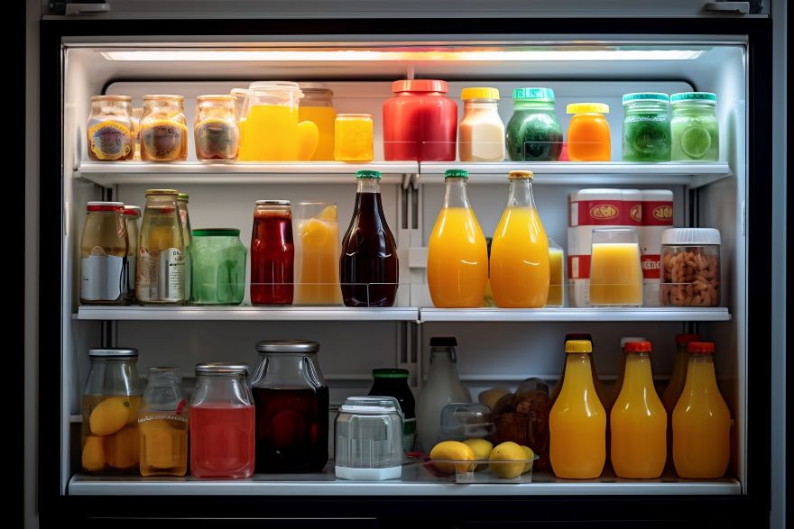 Bottles of smoothies and juices in a fridge