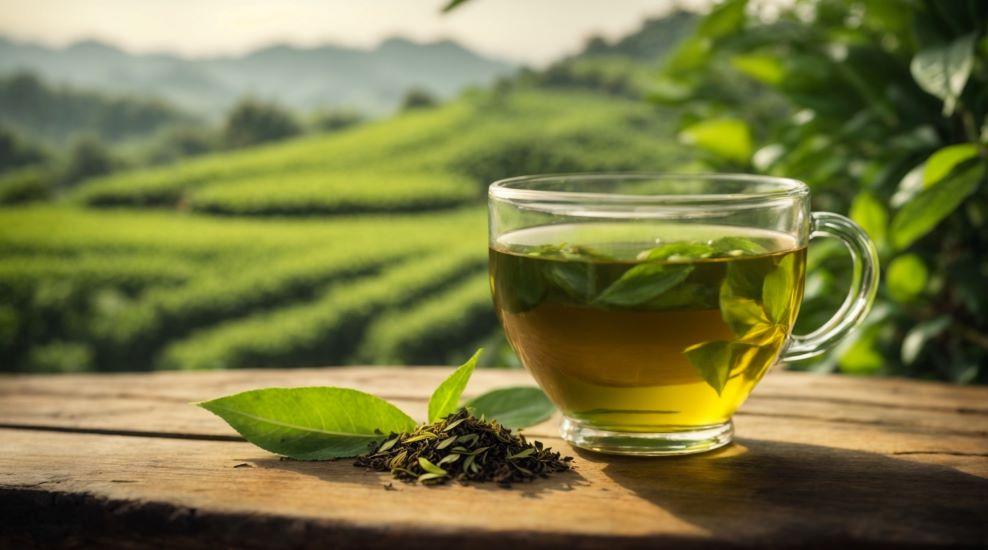 organic decaf green tea with green countryside in background