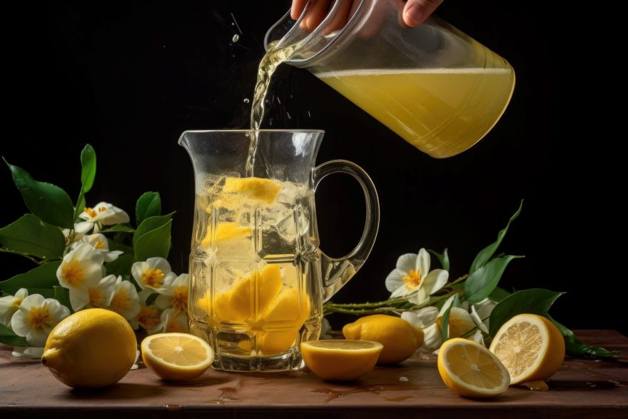Apple cider vinegar and lemon with lemon slices next to jug