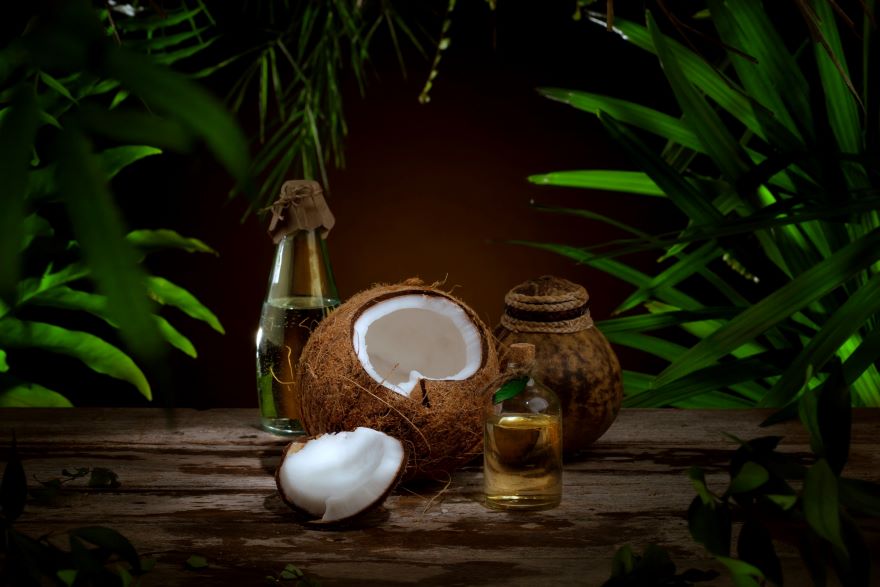 Coconut oil and white vinegar with half a coconut and some coconut tree leaves