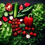Greens and reds superfoods on a black background