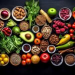 Raw superfoods on black background