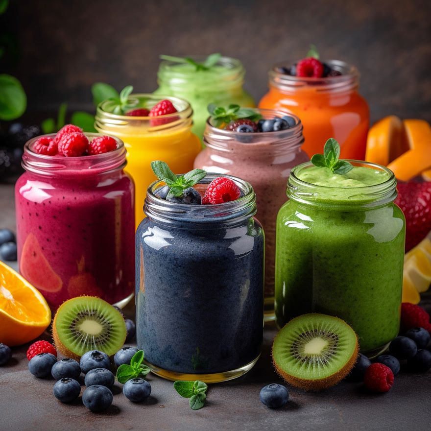 Superfoods for smoothies in lots of jars surrounded by fruit