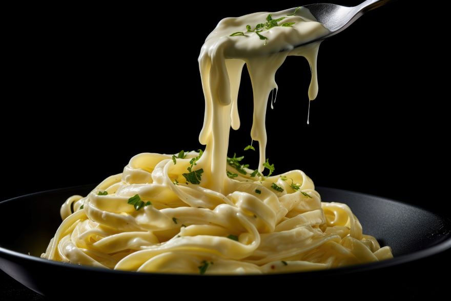 Dairy-free Alfredo sauce dripping off a spoon onto linguine