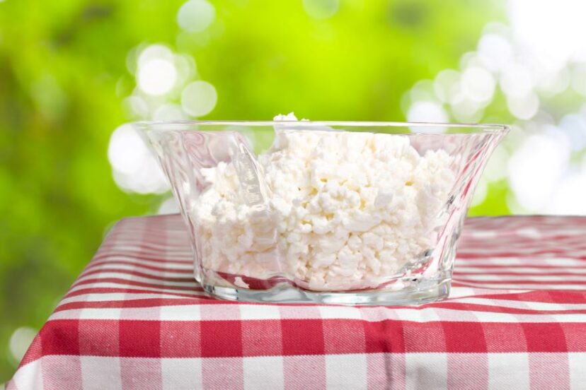 Dairy-free cottage cheese on table outside