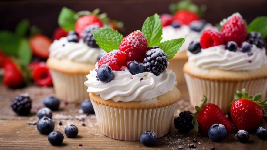 Dairy-free cupcakes with fruit and cream on top