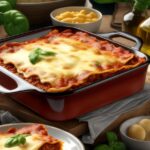 Dairy-free lasagna in dish with plate of lasagna and bread, tomatoes