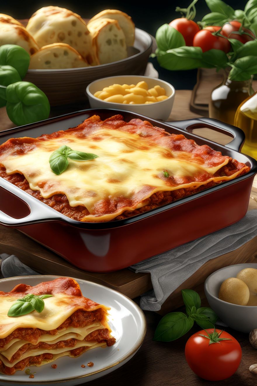 Dairy-free lasagna in dish with plate of lasagna and bread, tomatoes