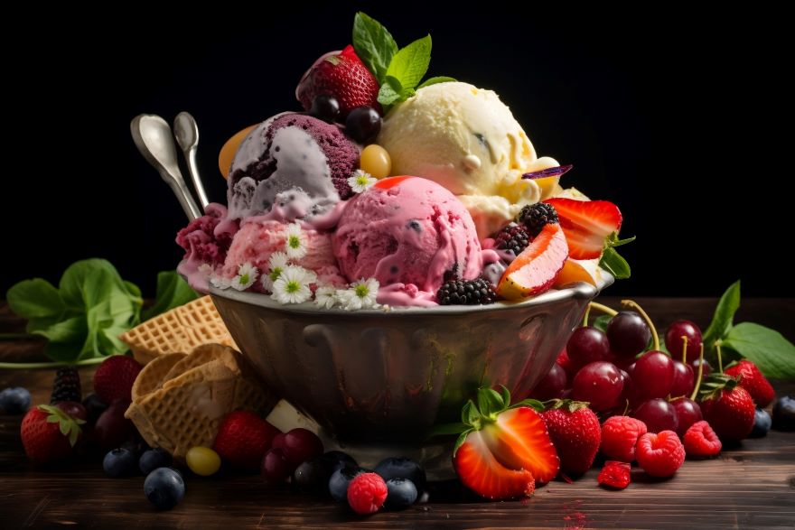 Is gelato dairy-free? with different flavors in a bowl surrounded by fruit
