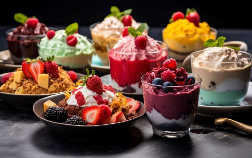 Sugar-free gluten-free desserts in bowls decorated with fruit