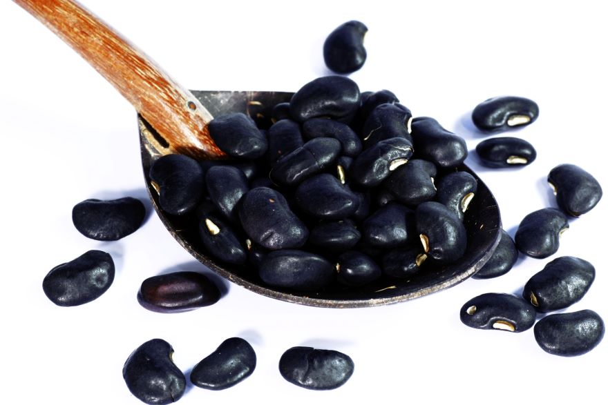 Black turtle beans in a spoon on a white background