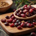 Unsweetened dried cranberries in a wooden spoon