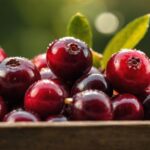 Cranberries fresh on a board outside with green background