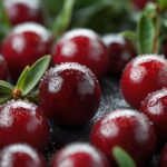 Frozen cranberries with green leaves on glistening with ice
