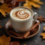 Almond milk chai latte with cinnamon and cardamom in a cup with saucer