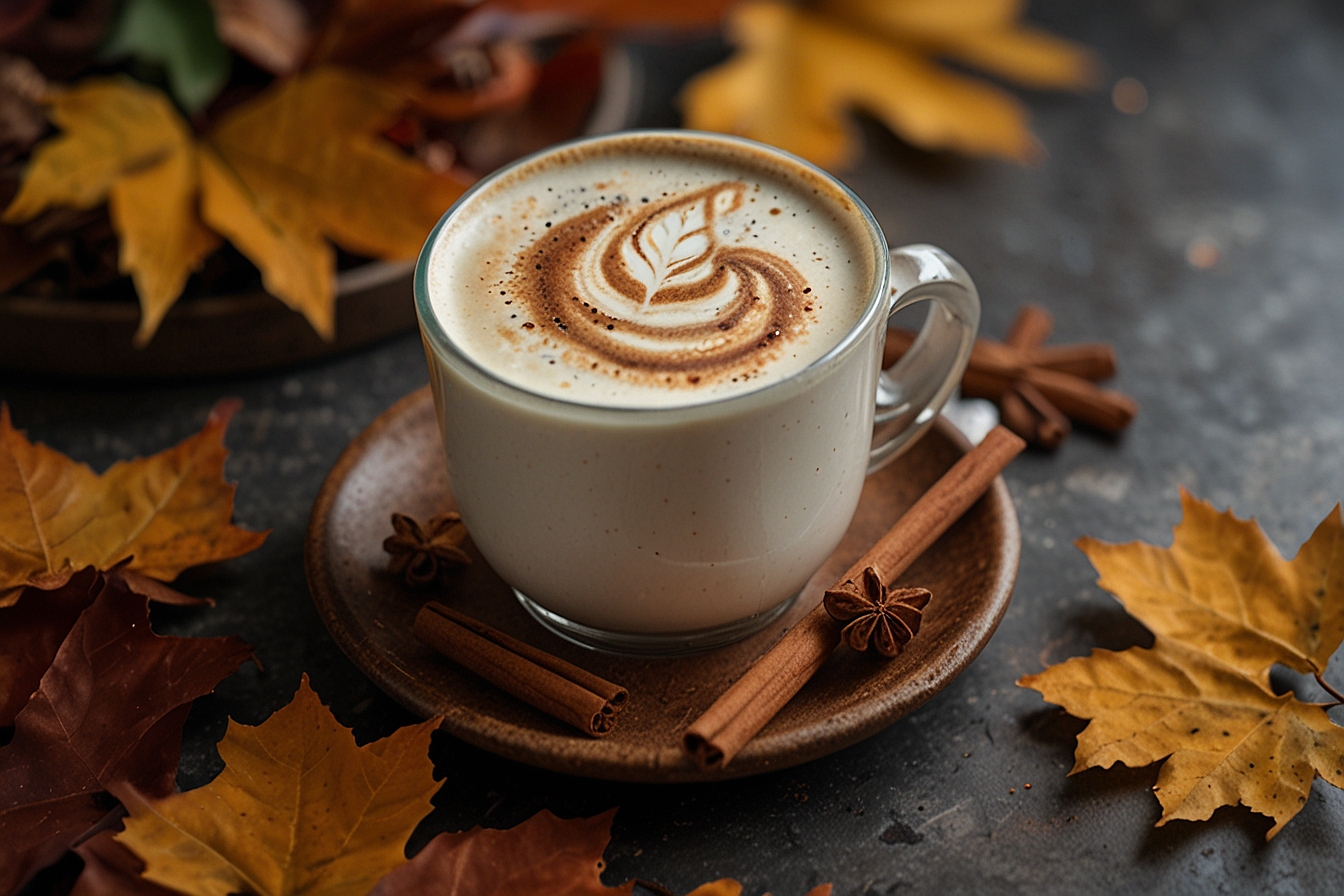 Almond milk chai latte with cinnamon and cardamom in a cup with saucer