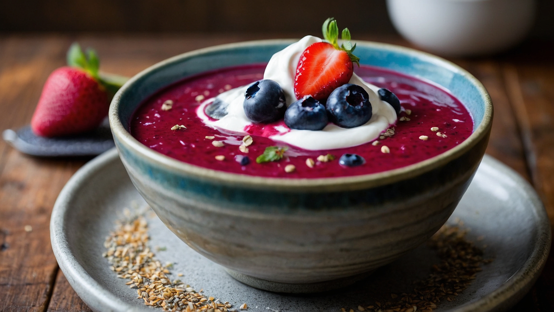 Antioxidant-rich berry and beet chilled superfood soup in bowl with berries on top