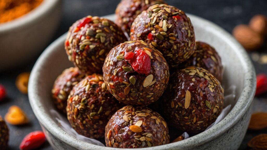 Antioxidant-rich cacao and goji berry superfood energy balls in a bowl