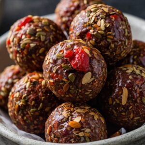 Antioxidant-rich cacao and goji berry superfood energy balls in a bowl