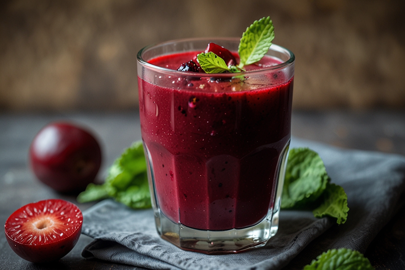 Beet and berry antioxidant power juice in a glass with mint on top