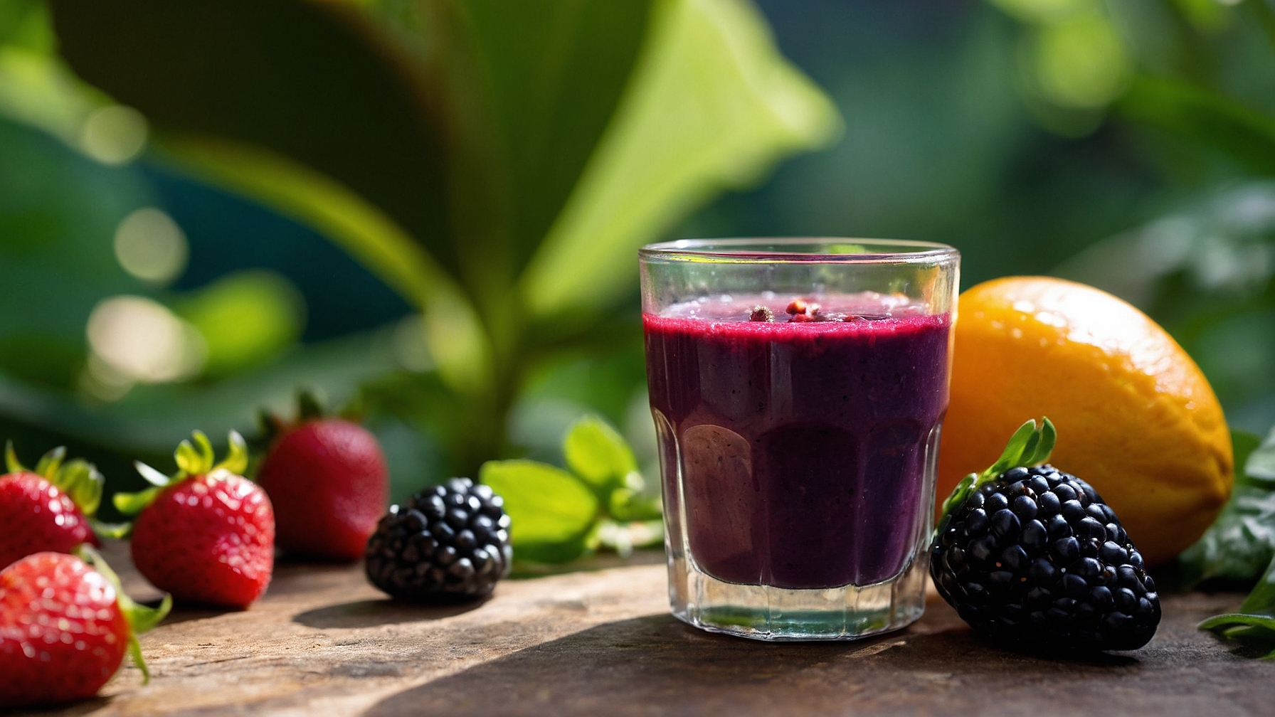 Berry blast immunity booster in glass on bench