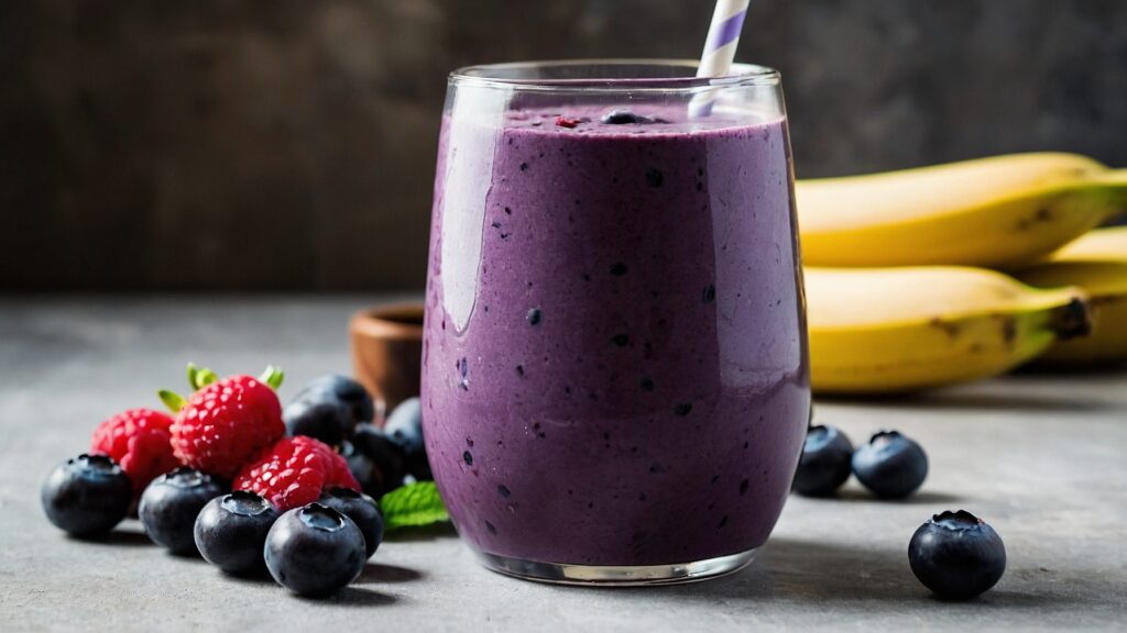 Brain-boosting blueberry and acai power smoothie with berries next to glass