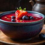 Chilled acai and goji berry superfood soup in a blue bowl