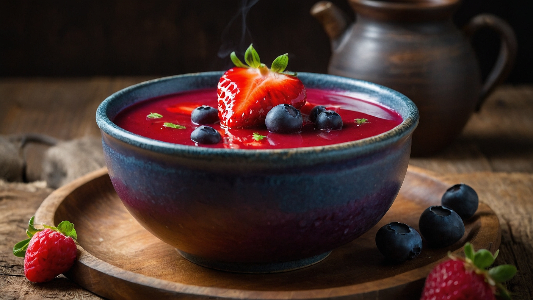 Chilled acai and goji berry superfood soup in a blue bowl