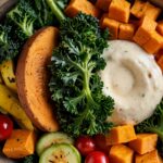 Coconut oil roasted sweet potato and kale buddha bowl