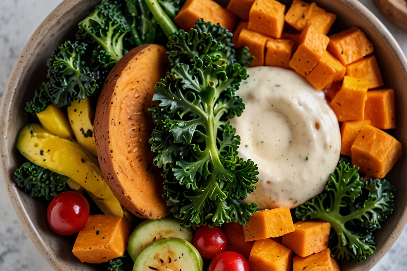 Coconut oil roasted sweet potato and kale buddha bowl