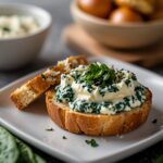 Creamy Greek yogurt and frozen spinach dip with whole grain crostini on a white plate