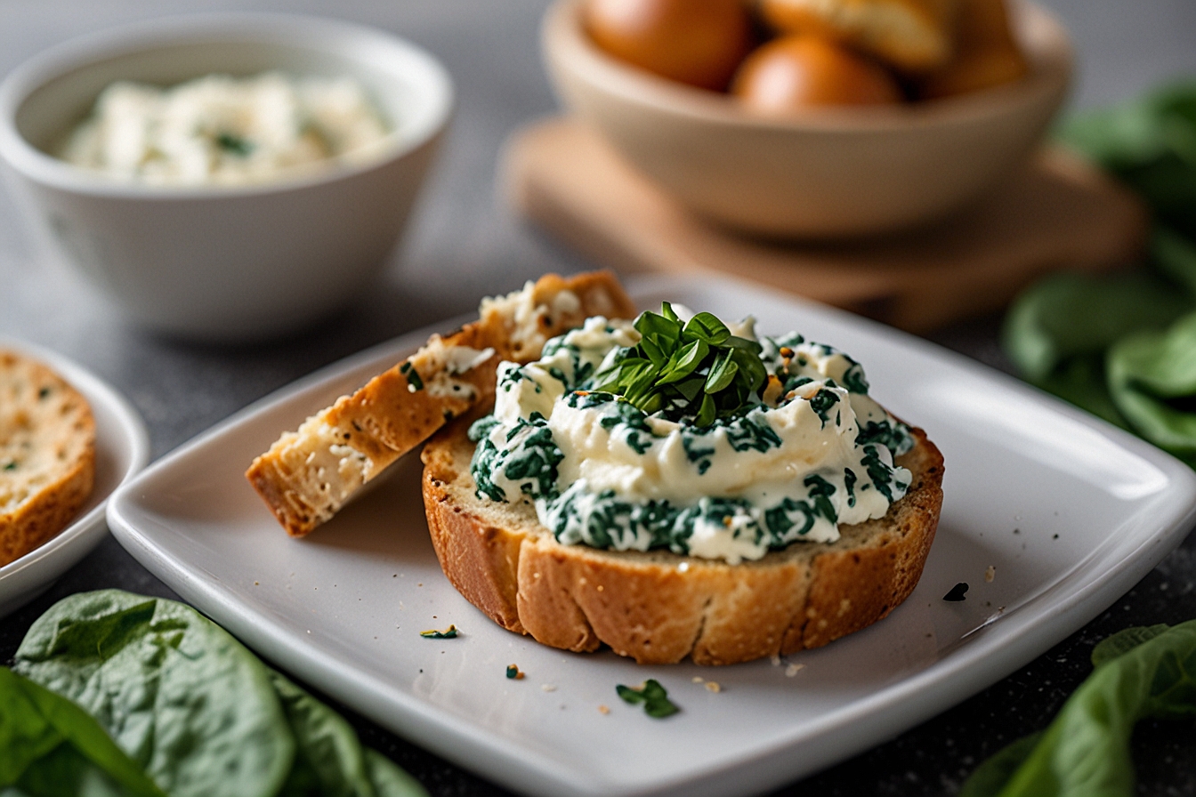 Creamy Greek yogurt and frozen spinach dip with whole grain crostini on a white plate