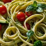 Creamy avocado and lemon zest pasta with tomatoes on top