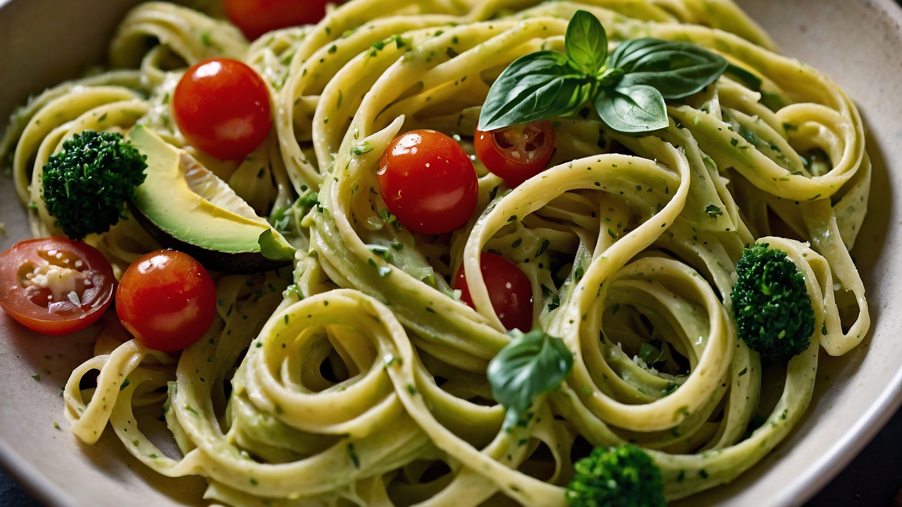 Creamy avocado and lemon zest pasta with tomatoes on top