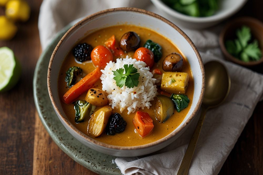 Creamy coconut milk curry with roasted vegetables with rice on top