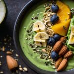 Creamy matcha avocado smoothie bowl with blueberries on top
