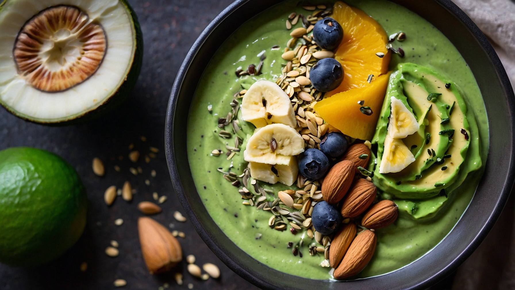 Creamy matcha avocado smoothie bowl with blueberries on top
