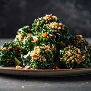 Crunchy kale and quinoa superfood clusters on a plate