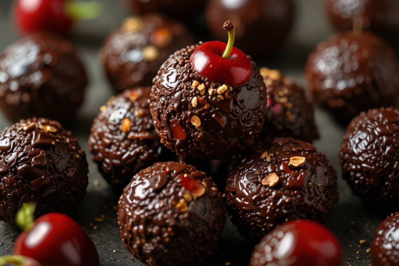 Dark chocolate cherry quinoa energy bites with a few on a plate