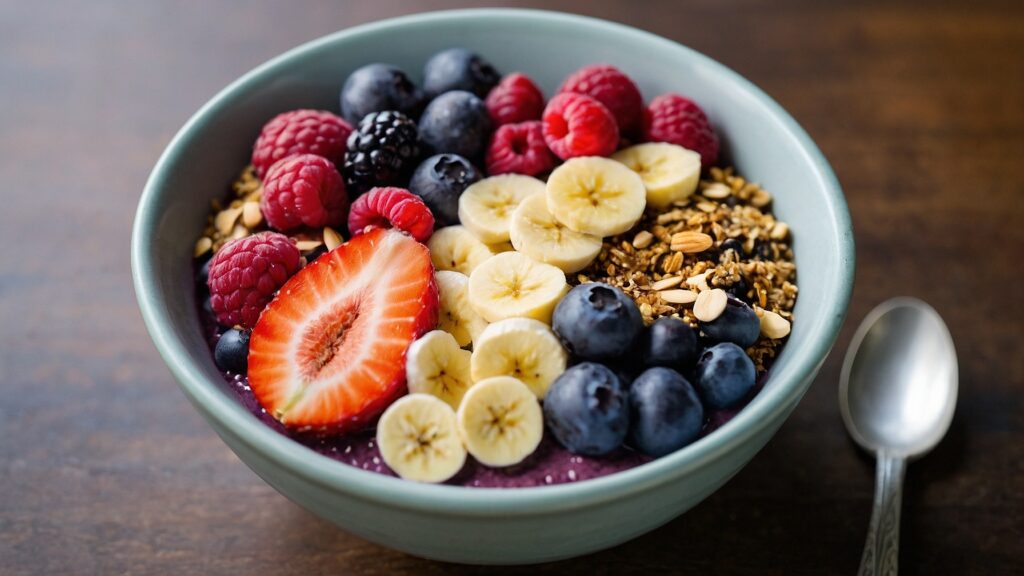 Energizing acai and maca superfood smoothie bowl in blue bowl