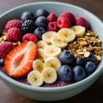 Energizing acai and maca superfood smoothie bowl in blue bowl