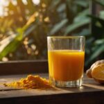 Golden glow morning juice in glass by window