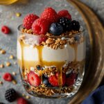 Greek yogurt parfait with superfood honey, berries and ancient grains in a glass