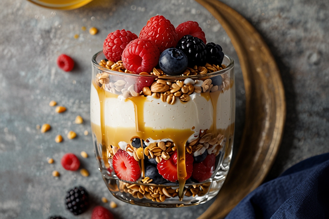 Greek yogurt parfait with superfood honey, berries and ancient grains in a glass