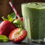Green apple and strawberry smoothie in a glass with a straw next to it