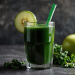 Green detox juice with kale, cucumber and apple with a slice of lime in glass