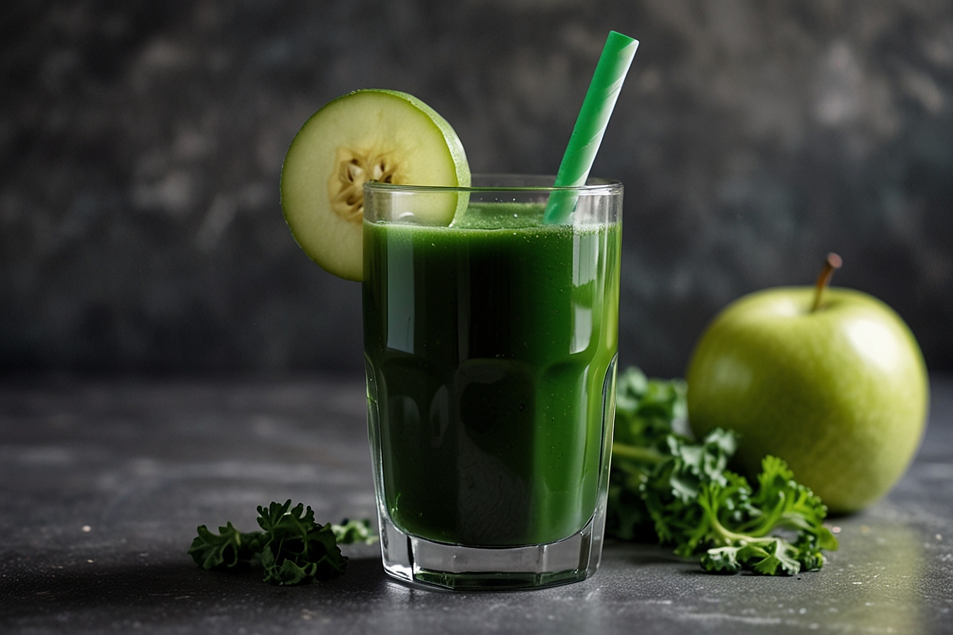 Green detox juice with kale, cucumber and apple with a slice of lime in glass