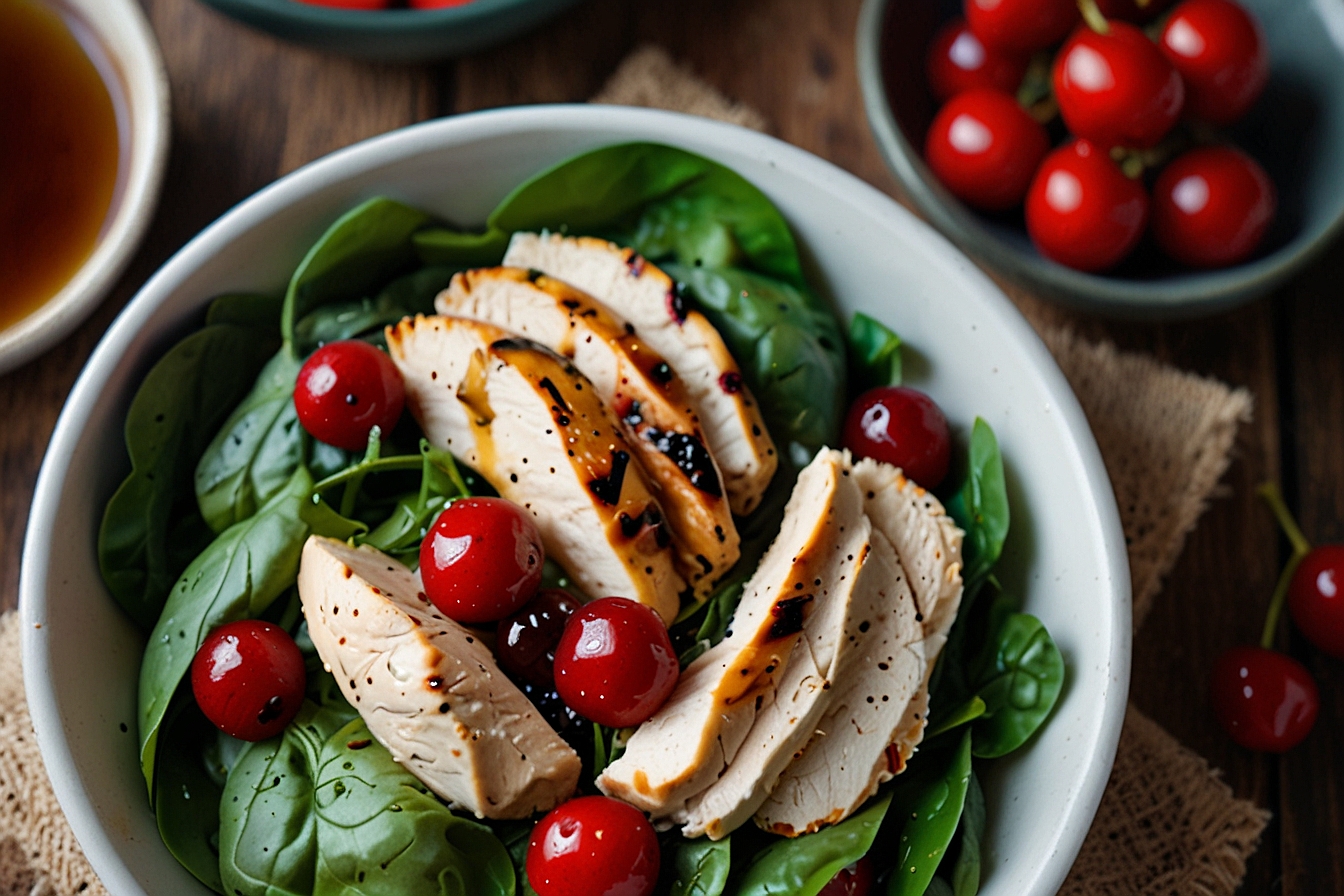 Grilled chicken salad with fresh cherries, spinach and balsamic vinegar next to bowl of tomatoes